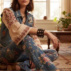 Y2K Boho Leather Cuff Bracelet Floral Studs Rhinestone Wide